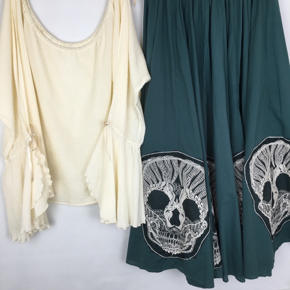 Emerald Green Maxi Skirt Skull Lace Appliqué Cream Gauze Peasant Top Rockabilly - Picture 2 of 15